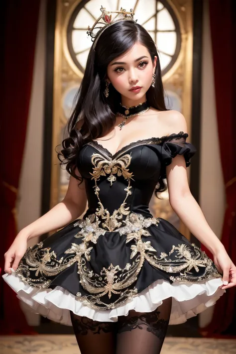 (((masterpiece))), (((Highest quality: 1.4))), ((Super detailed: 1.4)) ,(Genuine:1.4),
Wearing a beautiful black Disney princess dress., A short chiffon skirt with delicate details that flatter your figure., Super realistic sexy pantyhose, Very sexy and se...