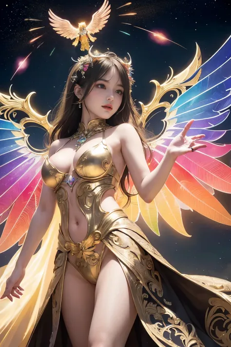 (best quality, masterpiece, colorful, dynamic angle, from below, highest detailed)upper body photo, full body photo, fashion photography of cute mechangel, glowing 4 wings, solo, glowing armor, glowing halo, building, glowing mechanical 4 wings (intricate ...