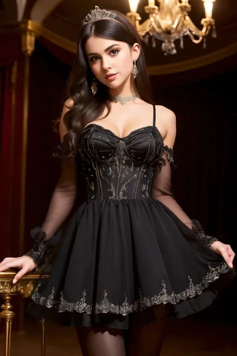 (((masterpiece))), (((Highest quality: 1.4))), ((Super detailed: 1.4)) ,(Genuine:1.4),
Wearing a beautiful black Disney princess dress., A short chiffon skirt with delicate details that flatter your figure., Super realistic sexy pantyhose, Very sexy and se...