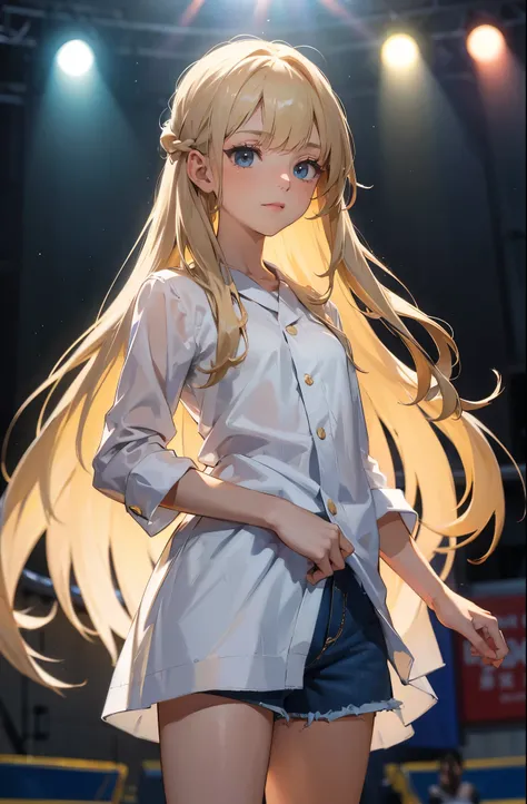 masterpiece, ultra detailed, 8k portrait, RAW photo, portrait photography, Highly detailed face, beautiful and meticulous eyes, 15 years old, standing on the stage, white shirt and blue shorts, thin long white gown, cute girl, long hair, light blonde girl ...