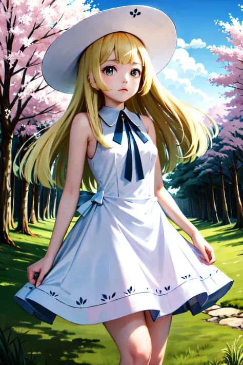 1 girl, masterpiece, (detailed background), Best Quality, absurdities, looking at the viewer,
forest path, field, grass, dirt road, wooden fence, blue sky, clouds, (sakura trees), sleeveless, exposed shoulders,
lilia, White dress, white sun hat, white ribb...