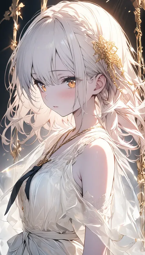 (Extremely delicate, masterpiece, excellent light and shadow, 8K HD wallpaper), white hair, golden eyes, intermittently translucent white clothes, looking at the upper body, lacy hair accessories, pale pink skin, tie at the waist, side braid swing.