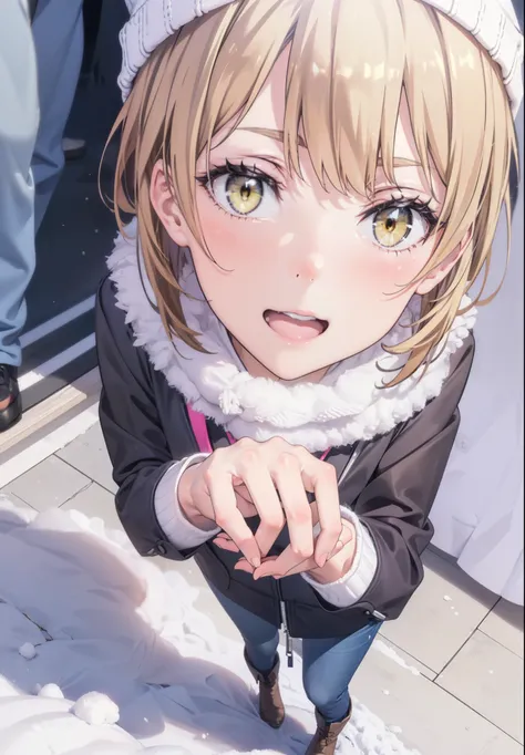 Irohaisshiki, isshiki iroha, short hair, Brown Hair, (Brown eyes:1.5), smile,Open your mouth,White Breath,low twin tail,Knitted hat,White scarf,Yellow long coat　Open front,Pink v-neck sweater,Short denim,Black pantyhose,short boots,Walking,snowが降っている,snowが...