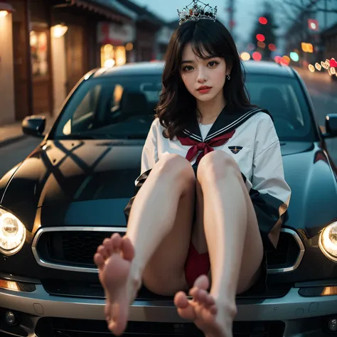 SFW, (Closeup from Crotch to Face) ExtremelyDetailed (SchoolGirl Lean against the Car) Spread Knees Up, perfect face, Brilliant(Tiny Crown), Detailed(Delicate Clothing textures) Sailor Uniform with Red Ribbon (((WhitePanties))), PerfectHand with 4Fingers a...