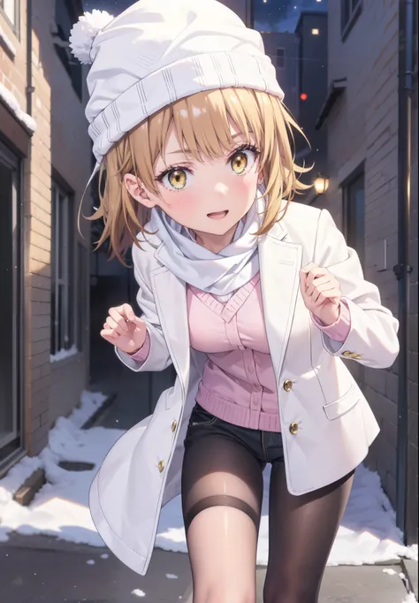 Irohaisshiki, isshiki iroha, short hair, Brown Hair, (Brown eyes:1.5), smile,Open your mouth,White Breath,low twin tail,Knitted hat,White scarf,Yellow long coat　Open front,Pink v-neck sweater,Short denim,Black pantyhose,short boots,Walking,snowが降っている,snowが...