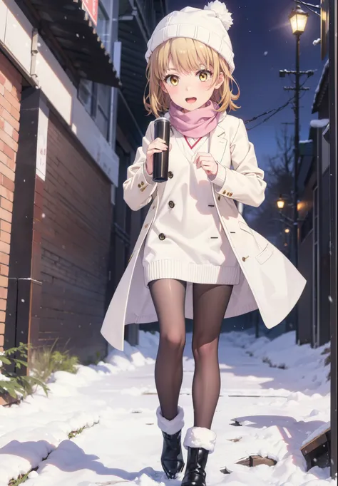 Irohaisshiki, isshiki iroha, short hair, Brown Hair, (Brown eyes:1.5), smile,Open your mouth,White Breath,low twin tail,Knitted hat,White scarf,Yellow long coat　Open front,Pink v-neck sweater,Short denim,Black pantyhose,short boots,Walking,snowが降っている,snowが...