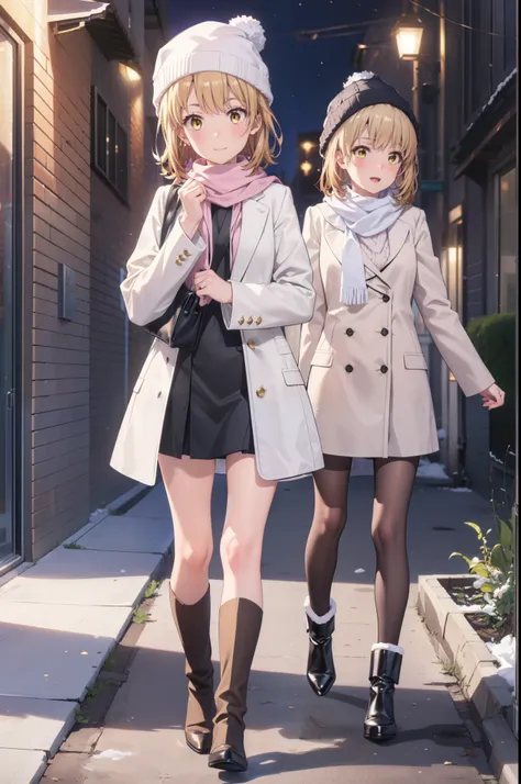 Irohaisshiki, isshiki iroha, short hair, Brown Hair, (Brown eyes:1.5), smile,Open your mouth,White Breath,low twin tail,Knitted hat,White scarf,Yellow long coat　Open front,Pink v-neck sweater,Short denim,Black pantyhose,short boots,Walking,snowが降っている,snowが...