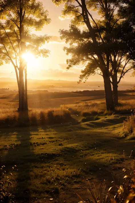 Golden hour bliss: A sun-drenched landscape bathed in warm, golden light, casting long shadows and creating a serene atmosphere.
