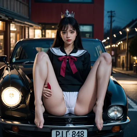 SFW, (Closeup from Crotch to Face) ExtremelyDetailed (SchoolGirl Lean against the Car) Spread Knees Up, perfect face, Brilliant(Tiny Crown), Detailed(Delicate Clothing textures) Sailor Uniform with Red Ribbon (((WhitePanties))), PerfectHand with 4Fingers a...