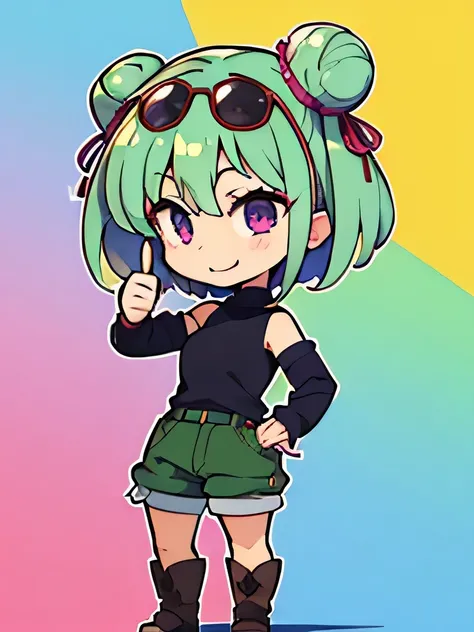 (highres), (best quality), (detailed), (chibi art style)1 girl, alone, medium hair, pastel green hair, twin buns, violet eyes, r...