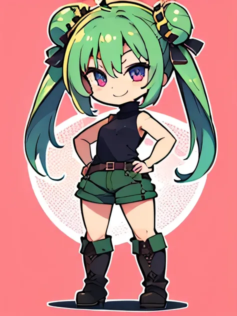 (highres), (best quality), (detailed), (chibi art style)1 girl, alone, medium hair, pastel green hair, twin buns, violet eyes, r...