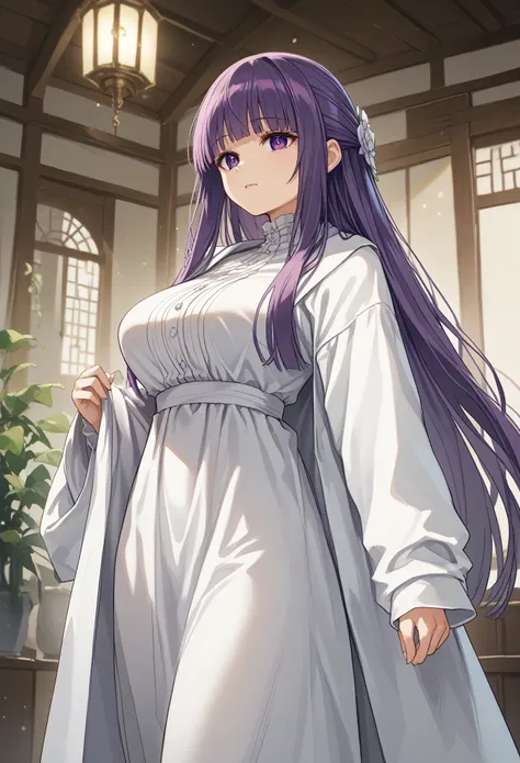 fern (sousou no frieren), large breasts, long hair, purple hair, half updo, blunt bangs, purple eyes,white tight robe,small sized robe
