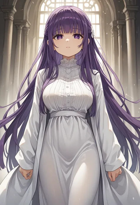 fern (sousou no frieren), large breasts, long hair, purple hair, half updo, blunt bangs, purple eyes,white tight robe,small sized robe
