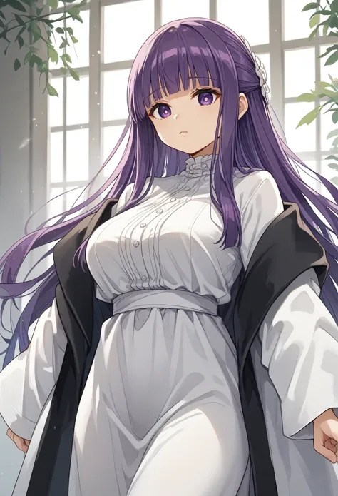 fern (sousou no frieren), large breasts, long hair, purple hair, half updo, blunt bangs, purple eyes,white tight robe,small sized robe
