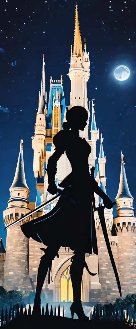 (8k, Highest quality, masterpiece),Double Exposure, silhouette, (, One Female Swordsman, ), Close-up, Moonlit Night, Cinderella Castle, Outdoor,