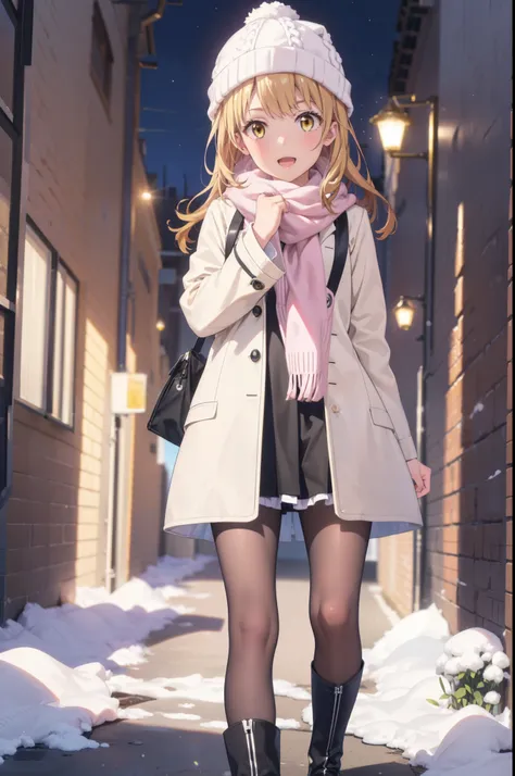 Irohaisshiki, isshiki iroha, Long Hair, Brown Hair, (Brown eyes:1.5), smile,Open your mouth,White Breath,low twin tail,Knitted hat,White scarf,Yellow long coat　Open front,Pink v-neck sweater,Short denim,Black pantyhose,short boots,Walking,snowが降っている,snowが積...