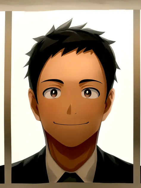 Fair skin、smile、masterpiece, best quality, solo, short hair, simple background, shirt, black hair, 1boy, sanpaku, dot pupils, smile, white background, closed mouth, jacket, white shirt, upper body, male focus, hood, black eyesbrown hair,