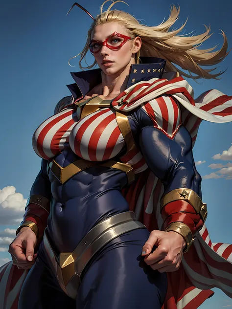 masterpiece, massive female bodybuilder, giant breasts:2, domino mask, american flag print, striped bodysuit, red cape,starandst...