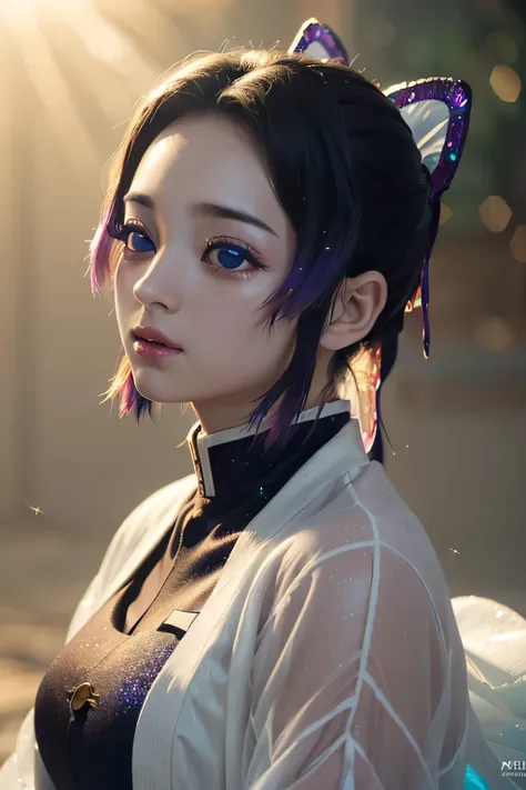 A beautiful, detailed portrait of Shinobu from the anime Demon Slayer, depicted in a dramatic angle with iridescent skin, floating colorful sparkles, dramatic lighting, and chiaroscuro effects creating evocative depth. (best quality,4k,8k,highres,masterpie...