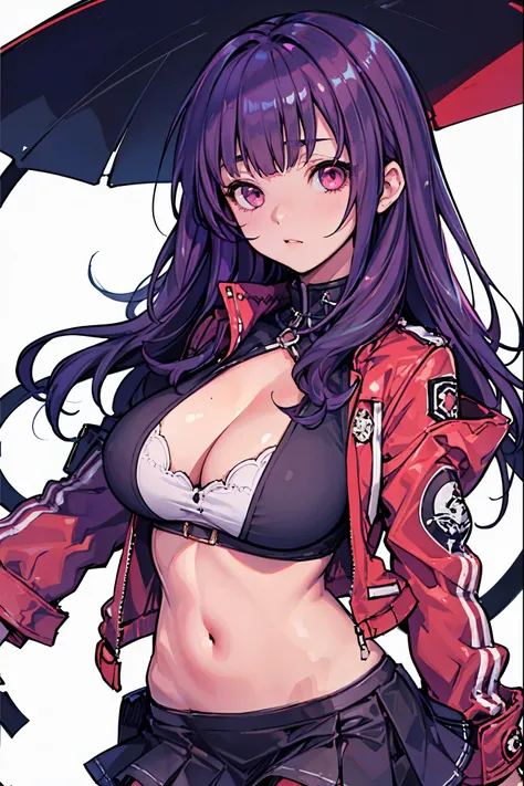 1girl, white background, red eyes, long hair, purple hair, bangs, jacket, crop top, mini skirt, large breasts, cleavage, soft stomach