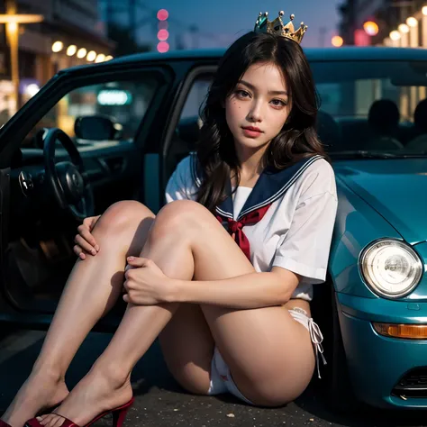 SFW, (Closeup from Crotch to Face) ExtremelyDetailed (SchoolGirl Lean against the Car) Spread Knees Up, perfect face, Brilliant(Tiny Crown), Detailed(Delicate Clothing textures) Sailor Uniform with Red Ribbon (((WhitePanties))), PerfectHand with 4Fingers a...