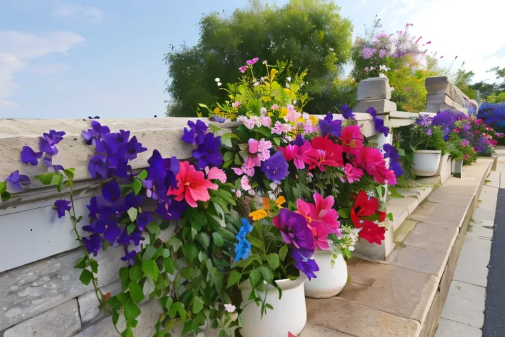 flowers bloom in white pots on the railing of the stone bridge, colorful flowers, colorful flowers, brightly colorful flowers, c...