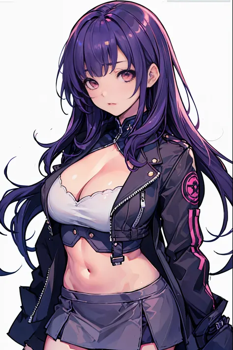 1girl, white background, red eyes, long hair, purple hair, bangs, jacket, crop top, mini skirt, large breasts, cleavage, soft stomach