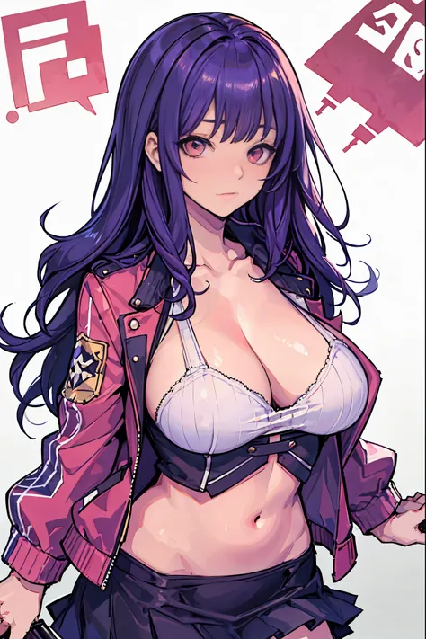 1girl, white background, red eyes, long hair, purple hair, bangs, jacket, crop top, mini skirt, large breasts, cleavage, soft stomach