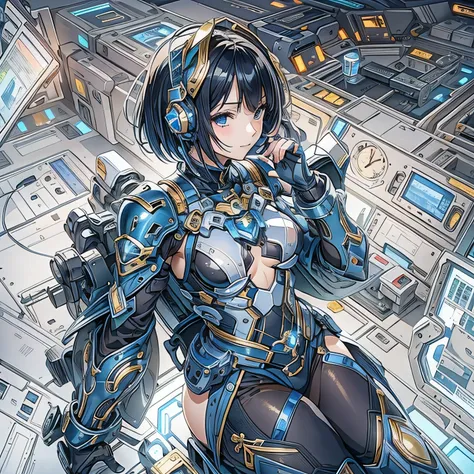 (masterpiece、Highest quality、Highest Resolution、Clear_image、Detailed details、Angle from above): (Whole body、One 20 year old girl、Japanese Faces、Small Face、Slender、Navy blue super short bob cut hair、(Hidden small breasts:1.3)、Sparkling blue eyes、Shiny pilot...