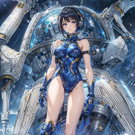 (masterpiece、Highest quality、Highest Resolution、Clear_image、Detailed details、Angle from above): (Whole body、One 20 year old girl、Japanese Faces、Small Face、Slender、Navy blue super short bob cut hair、(Hidden small breasts:1.3)、Sparkling blue eyes、Shiny pilot...