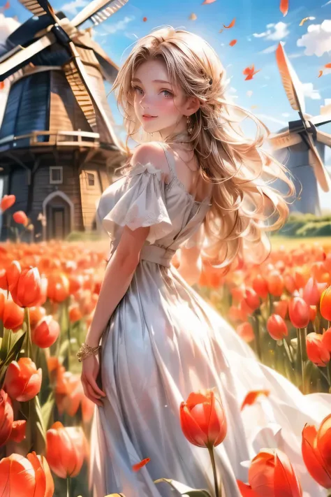 a cute girl in white dress walking in tulips surrounded by windmills, 1girl, solo, dress, windmill, white dress, long hair, flower, outdoors, looking at viewer, smile, short sleeves, standing, sky