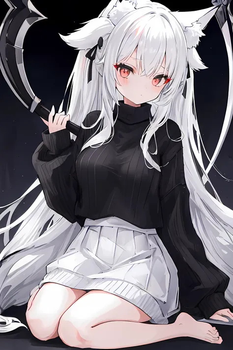 A girl waring black sweater with gray horizontal stripes, a glass and have white long hair , have white kitsune ears holding a hallow scythe