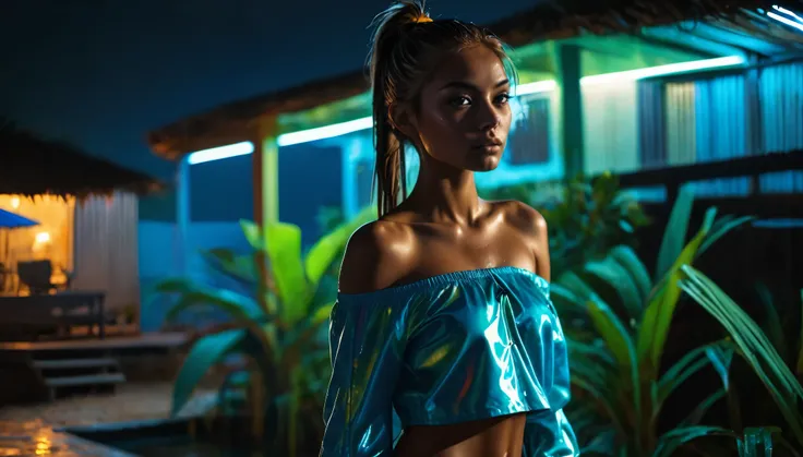 8k, high resolution, masterpiece, ultra-detailed, full body shot (cute girl, young, barely legal, tanned skin), (((oversized loose shiny crop shirt off-shoulder over micro bikini, short, wide neckline, deep neckline, random color))), (cozy cabana, outdoor,...