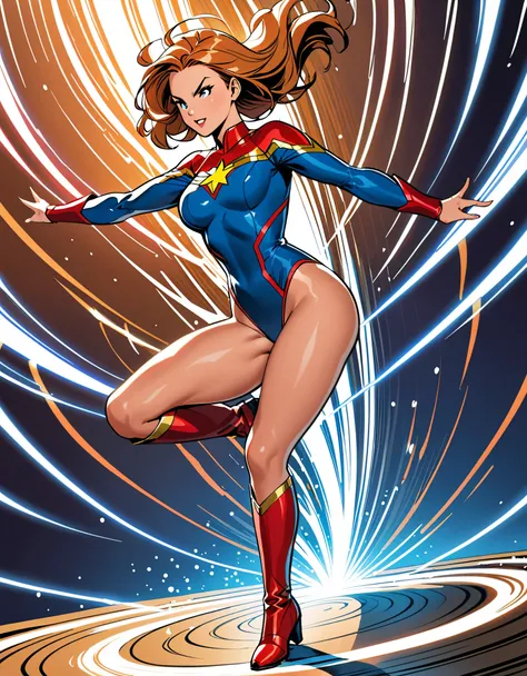 (masterpiece), (best quality), (highres), a female superhero spins in place into a whirlwind. Leotard, bare legs, boots. dynamic spin pose, standing straight, spiral lines around her, speed lines around her.