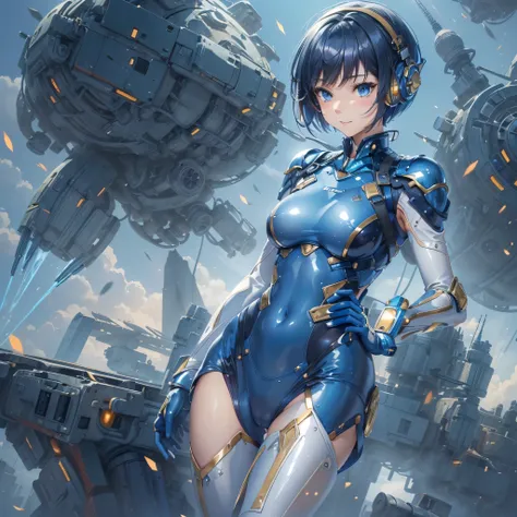 (masterpiece、Highest quality、Highest Resolution、Clear_image、Detailed details、Angle from above): (Whole body、One 20 year old girl、Japanese Faces、Small Face、Slender、Navy blue super short bob cut hair、(Hidden small breasts:1.3)、Sparkling blue eyes、Shiny pilot...