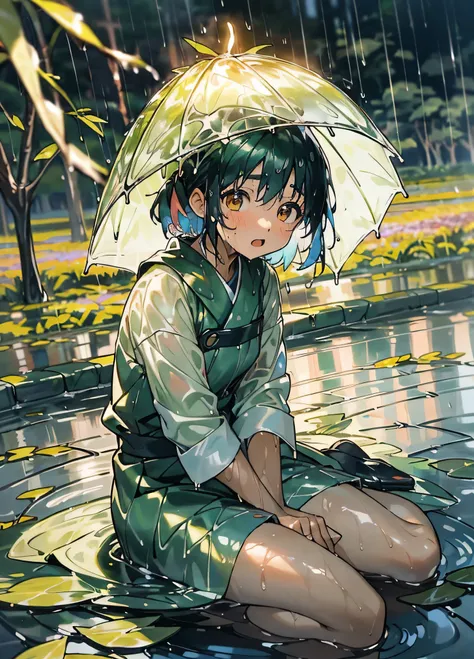 girl, anime『My Favorite Child』Kana Arima,  (After the Rain:1.5), Sitting in a puddle, (at night, Shine星:1.3), (Flower Field, Shine, bloom, Chromatic, colorful:1.3), (Wet leaves:1.8)