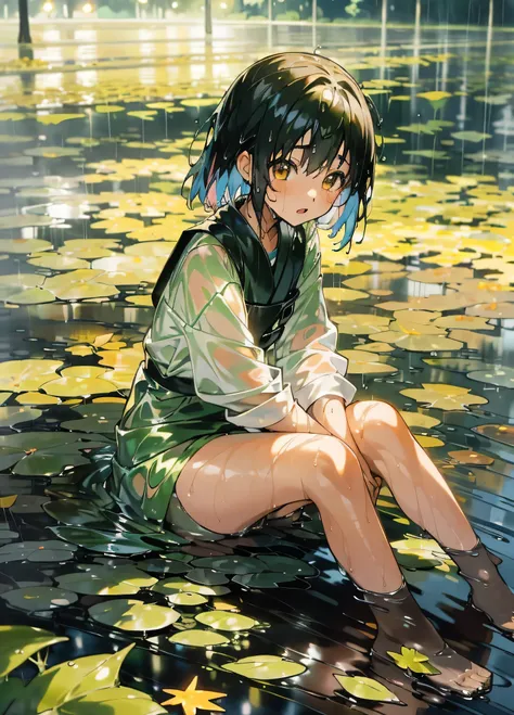 girl, anime『My Favorite Child』Kana Arima,  (After the Rain:1.5), Sitting in a puddle, (at night, Shine星:1.3), (Flower Field, Shine, bloom, Chromatic, colorful:1.3), (Wet leaves:1.8)