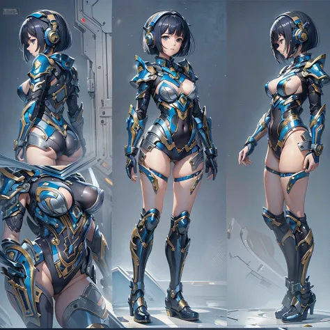 (masterpiece、Highest quality、Highest Resolution、Clear_image、Detailed details、Angle from above): (Whole body、One 20 year old girl、Japanese Faces、Small Face、Slender、Navy blue super short bob cut hair、(Hidden small breasts:1.3)、Sparkling blue eyes、Shiny pilot...