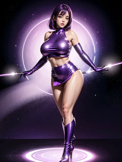 Full body, beautiful purple eyes, blush, cute face, high quality, 8k, high resolution, (1 cute woman, solo: 1.1), gigantic breasts, lips, beautiful background, purple hair , shiny purple crop top, shiny purple skirt, shiny purple gloves that fully cover he...