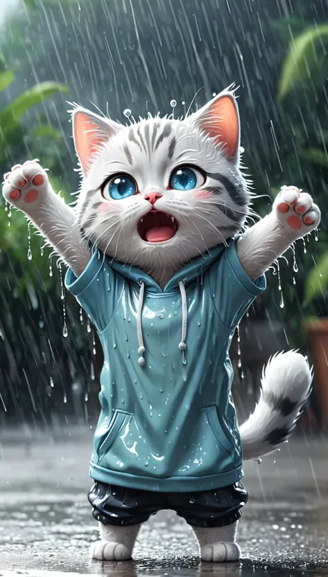 cute cat, cartoon , arms, hands ,cute eyes, looking at viewer, arms up, close, background, clothes, raining, wet cat, crying, sadness