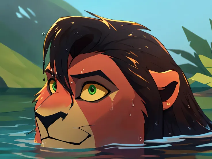 kovu, masterpiece, hi res, yellow sclera, green eyes, soaked, wet hair, slicked back hair, relaxed, lagoon background, head peek...