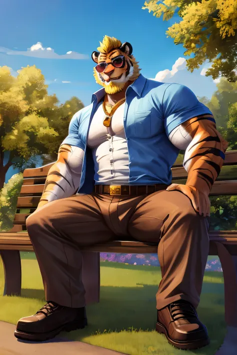 ((best quality)), ((masterpiece)), (detailed), 8k , perfect face, bara furry, tiger man 35 years old, big body , short quiff gold hair, gold beard , red eyes, perfect eyes, handsome, sexy  , sit , black sun glasses , blue strip shirt , brown short pants , ...