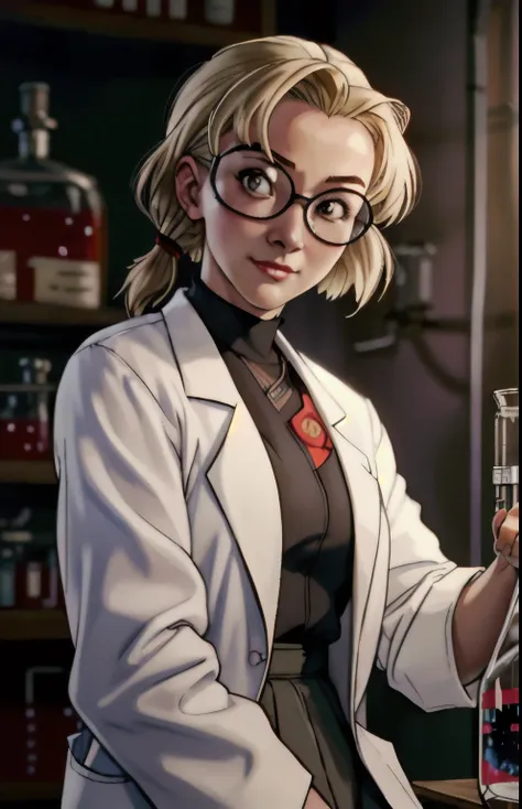 masterpiece, best quality, ritsuko, short blonde hair, lab coat, skirt, (at the lab doing science:1.2),  sovietpunkai, soviet fe...