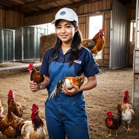 araffe worker in white uniform holding a rooster in a chicken farm, local conspirologist, rooster, the chicken man, chicken, chicken feathers, chickens, quack medicine, anthropomorphized chicken, photo shot, stock image, rooster!!!!, wearing farm clothes, ...