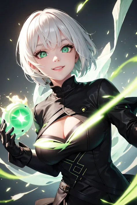 One young woman　short white hair　Glowing green eyes　Black Skirt　Green glowing magic in hand　smile　Black clothes　Bust Size B　Black gloves　