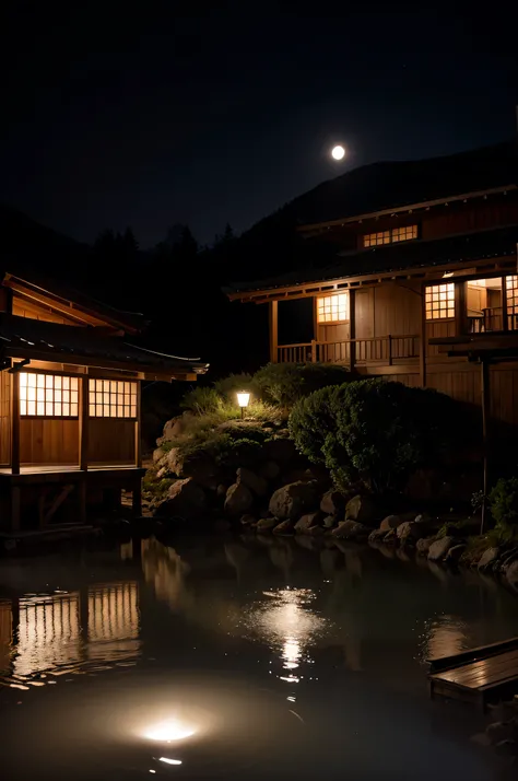 in the hot spring, at midnight, with a full moon, darkness, cold lighting, long shot, Ryokan