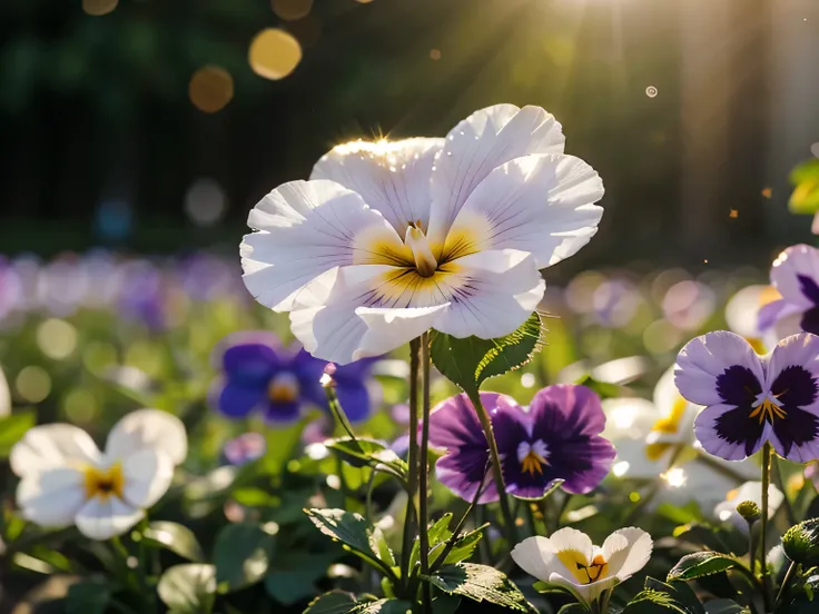 soft focus blossoming pansy flower against sunlight with bokeh glitter glow