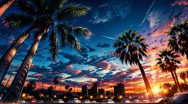 Beautiful sunset in Los Angeles，Palm tree，Traffic，