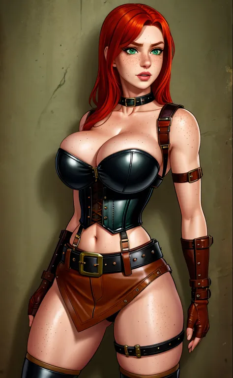 freckles,  woman, redhead, cleavage, beltcore, beltpunk, leather belts, green eyes,  covered in belts, belts and belts, leather skirt,  lewd, sexly, corset, Tube Top