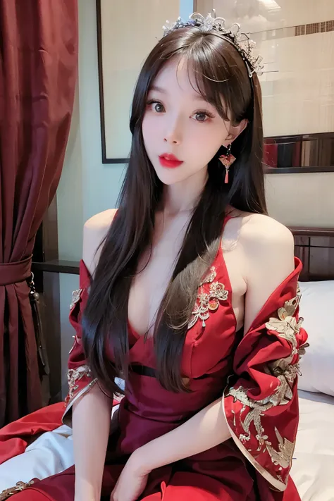 (ultra realistic 8k CG:1.2),perfect artwork,delicate pattern,intricate detail, (unparalleled masterpiece,best quality:1.2),(extremely intricate:1.2),a woman in a red and gold dress, Phoenix crown,hair stick,(sitting on red bed),Cosmetic,blush,shy,black_hai...